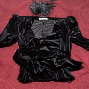 Zara Black Velvet Wrap Blouse with Puff Sleeves
